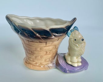 Vintage Hornsea pottery planter, c1950s with wicker basket and poodle