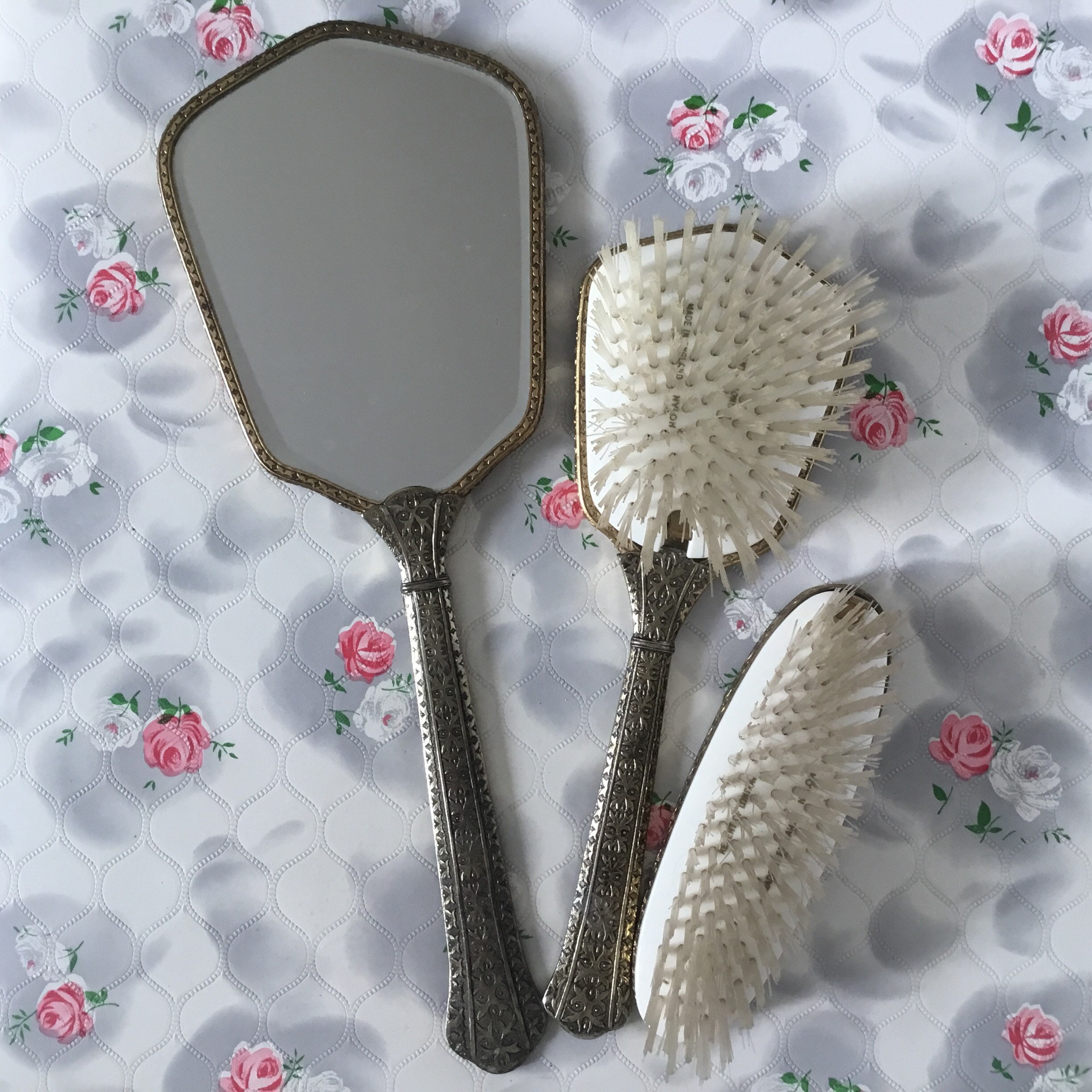 Vintage Regent of London vanity hand mirror and brush set. Petit point