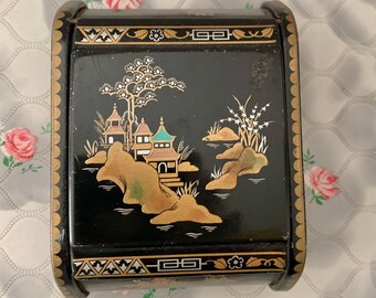 Black Japanese style cigarette box with pagoda images, vintage lacquerware  trinket box for smoking accessories