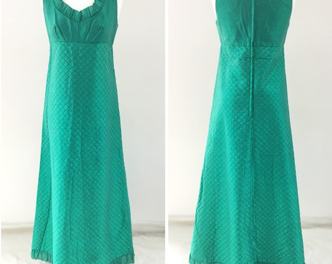 Jean Varon emerald green evening gown, quilted maxi dress with empire line by John Bates, c1960s vintage UK size 10 bridesmaid dress