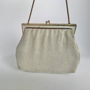 Whiting and Davis white mesh evening purse, vintage chain mail party bag, prom wedding purse made in USA