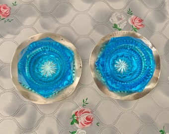 Pair of blue glass candlesticks and EPNS silver saucer, vintage dressing table candle holders