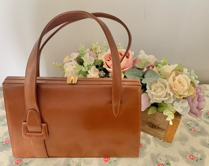 Waldybag vintage tan brown leather handbag, c1950s 1960s Kelly bag with buckle, made in England