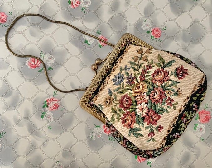 Tapestry style bag with pink flowers and wrist chain
