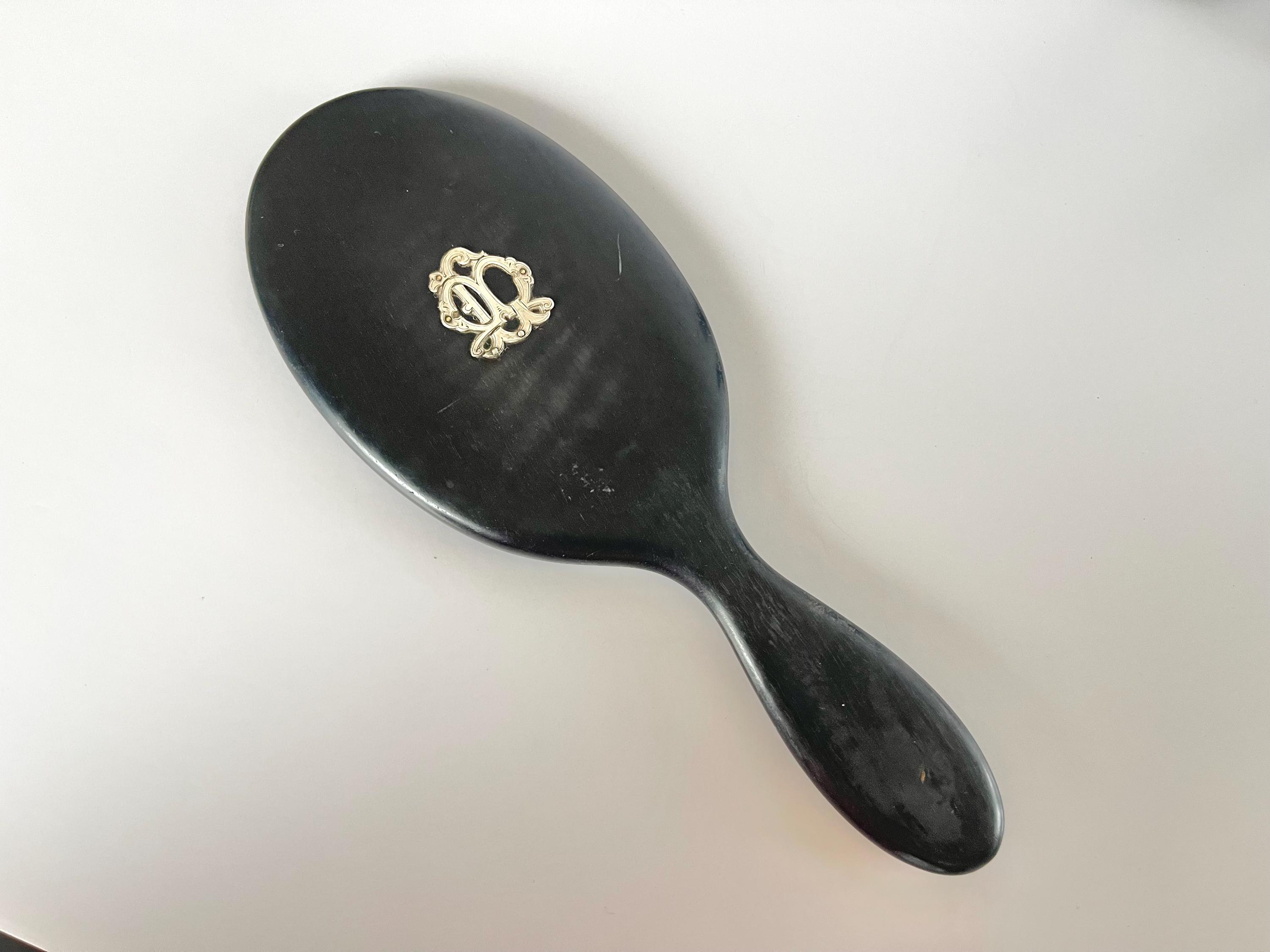Vintage Real Ebony Hand Mirror, Silver Decoration, Edwardian