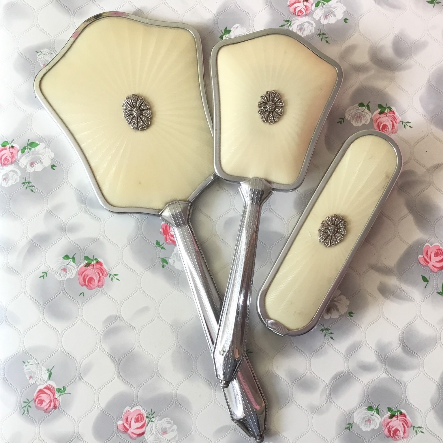 Vanity Brush Set With Marcasites C 1950s With Faux Guilloche Hand
