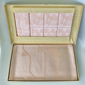 Mantel de lino irlandés con servilletas de damasco rosa melocotón y caja, mantelería cuadrada vintage sin usar