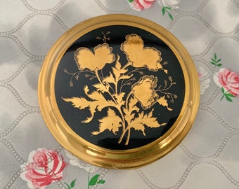 Mascot A S Brown unused vintage powder compact, black and gold, c1960s 1970s poppies makeup mirror