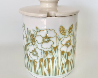 Hornsea Fleur lidded preserve pot, 1960s vintage white and poppies collectible tableware