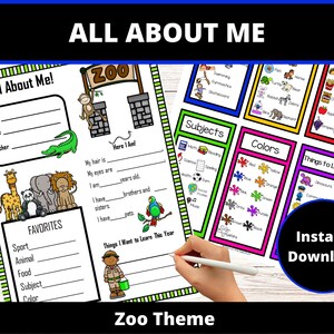 Alles über mich Arbeitsblätter Poster Schilder PreK - 1st Back to School Aktivitäten Zoo Theme