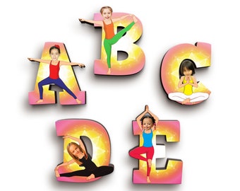 Yoga Girls Wooden Letters with Illustrated Faces - Personalised Gift - Kids Names on Doors and Walls - Kids Room Decor - Nursery Wooden
