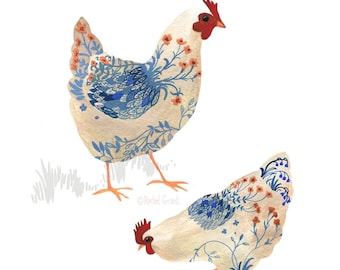 Country Chickens Art Print By Rachel Grant | A4