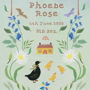 Könnte beinhalten: Eine skurrile Illustration auf hellgrünem Hintergrund mit dem Namen "Phoebe Rose" in gestickten Buchstaben, dem Datum "4th June 2026" und dem Gewicht "8lb 9oz". Das Design umfasst ein Kaninchen, Vögel, Blumen und eine Ente mit Entenküken.