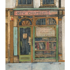 May include: A painting of a vintage bookshop storefront with a green door and a sign that reads "S-NEW CHAPTER". The window displays books, maps, prints, stamps, and postcards. The sign also says "Books, Maps, Prints, Stamps, 3 Postcards, Bought & Sold". The shop is located at 24 Berners St, Germantown, Philadelphia.