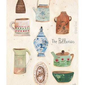 May include: A collection of nine hand-painted pottery pieces, including a teapot, a pitcher, a mug, a vase, a bowl, a plate, and two bottles. The pottery is decorated with floral patterns, geometric designs, and birds. The title "The Potteries" is written in cursive at the bottom of the image.