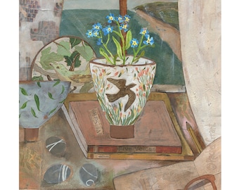 May include: A still life painting featuring a vase with blue forget-me-not flowers, a bird on a plate, a stack of books with the title "Five Voices", and a pair of glasses on a table.