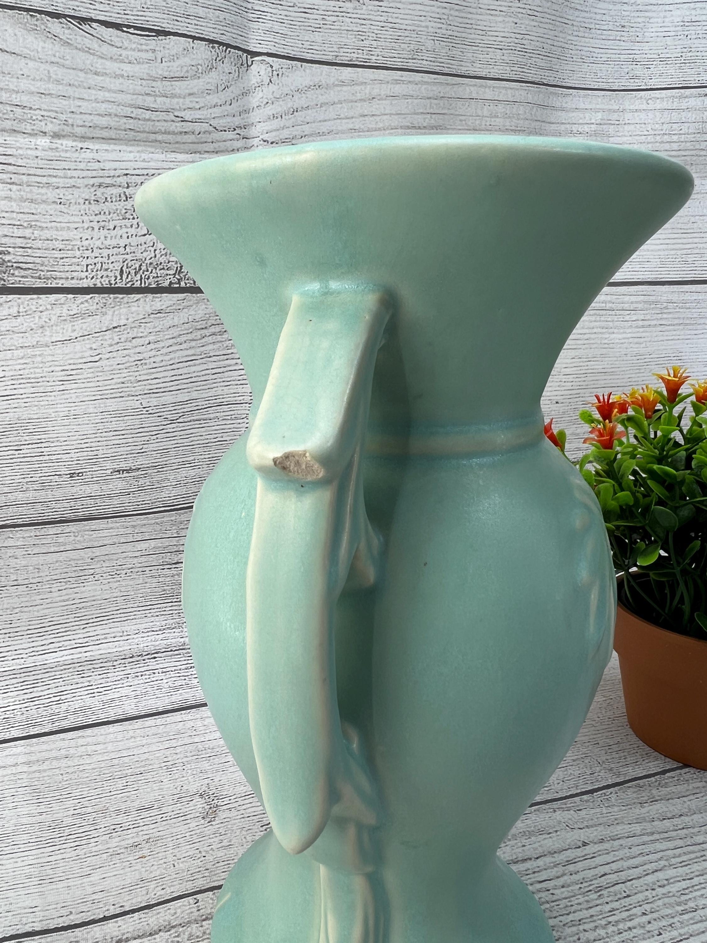 Vintage Mccoy Teal Aqua Matte Glaze Two Handled Vase With Branches