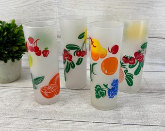 Vintage Set of 4 Federal Glass Frosted Fruit Tom Collins Glasses
