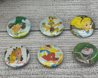 Handmade Set of 6 Alice in Wonderland Pinback Button Pins