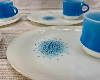 Vintage Anchor Hocking Fire King Blue Mosaic 8 Piece Snack Set