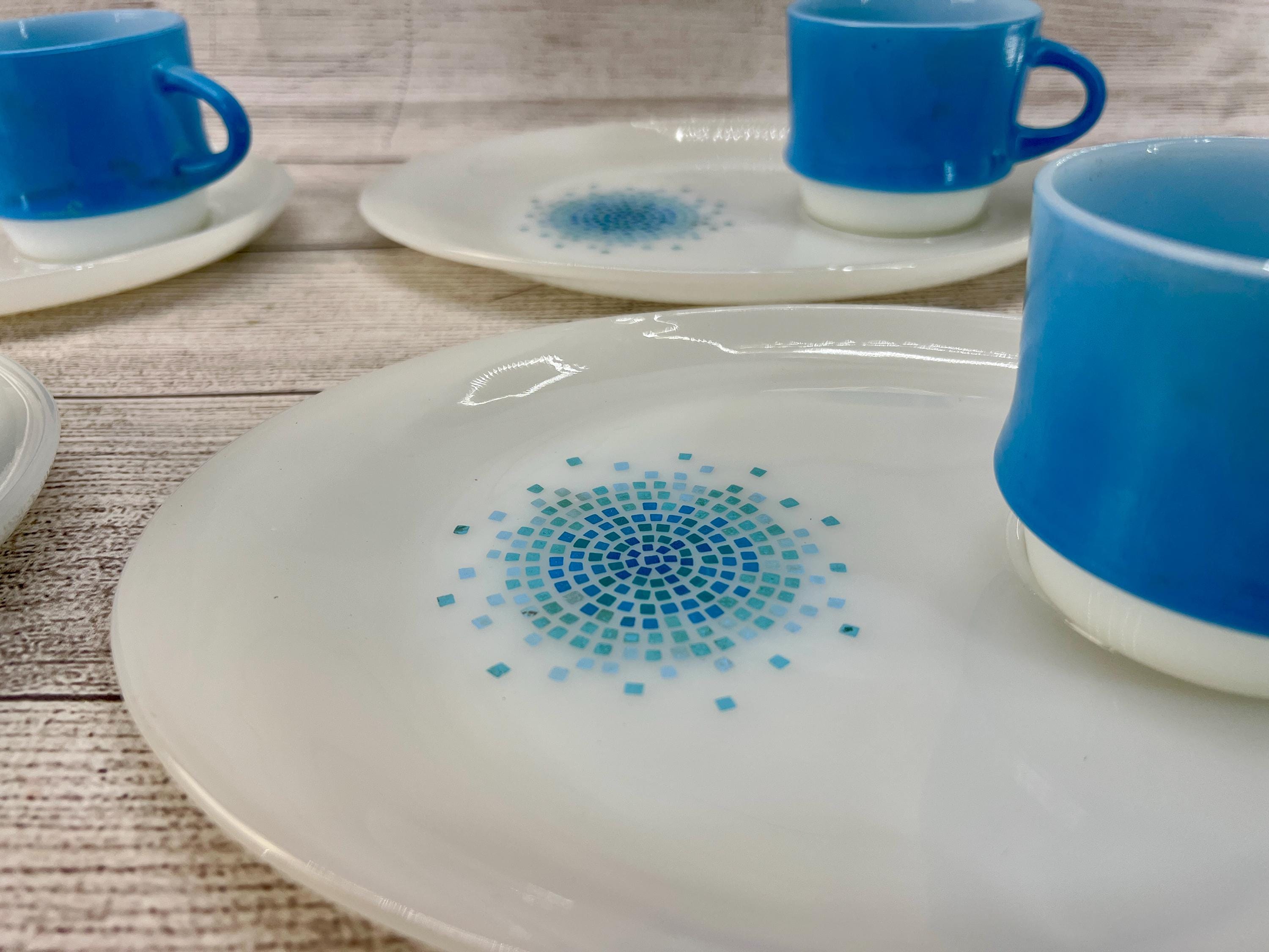 Vintage Anchor Hocking Fire King Blue Mosaic 8 Piece Snack Set
