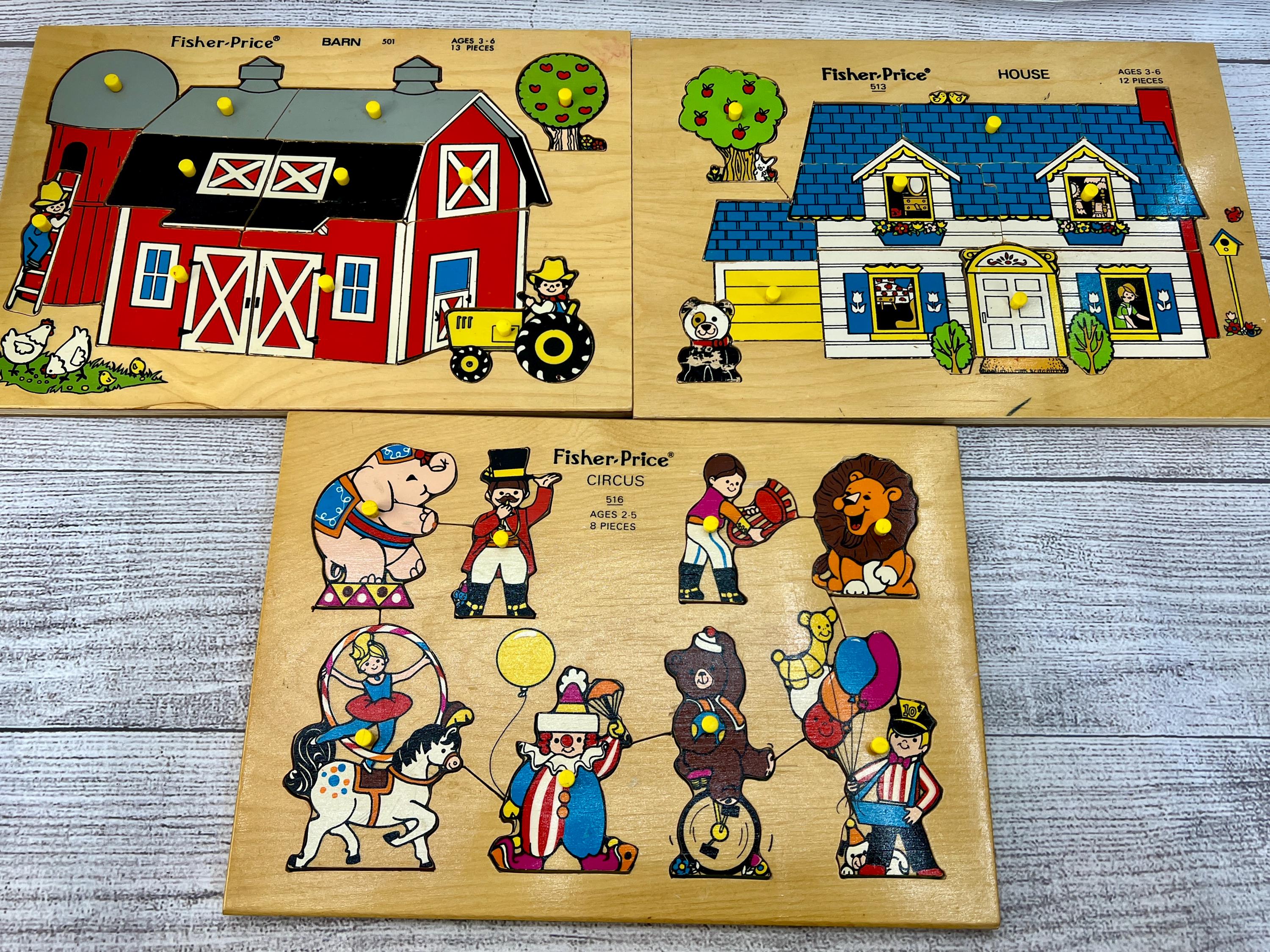 Vintage Fisher Price Wooden Puzzles Barn, House, Circus: Choose