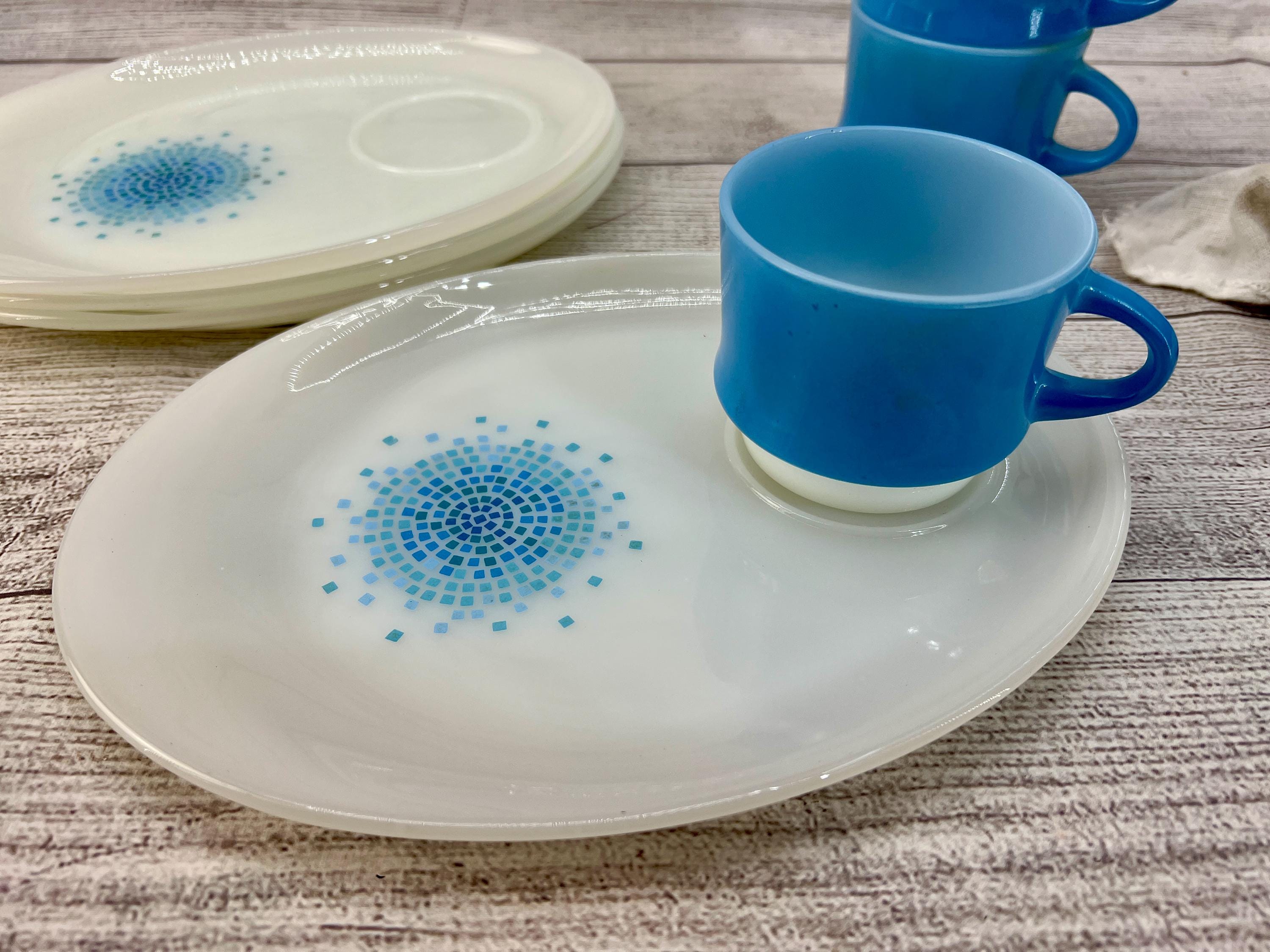 Vintage Anchor Hocking Fire King Blue Mosaic 8 Piece Snack Set