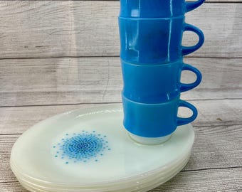 Vintage Anchor Hocking Fire King Blue Mosaic 8 Piece Snack Set
