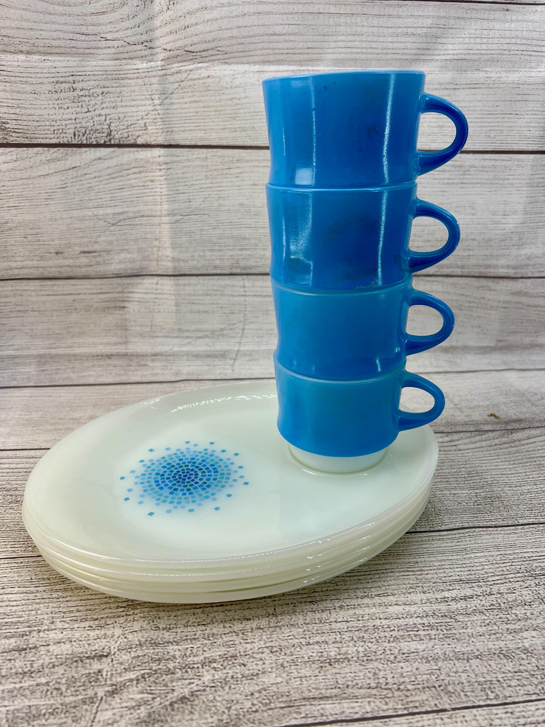 Vintage Anchor Hocking Fire King Blue Mosaic 8 Piece Snack Set