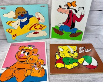 Choice of 4 Vintage Playskool Wooden Puzzles - Goofy, Fozzie Bear, Grover, Kitty Cat