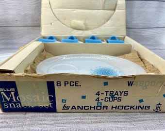 Vintage Anchor Hocking Fire King Blue Mosaic 8 Piece Snack Set