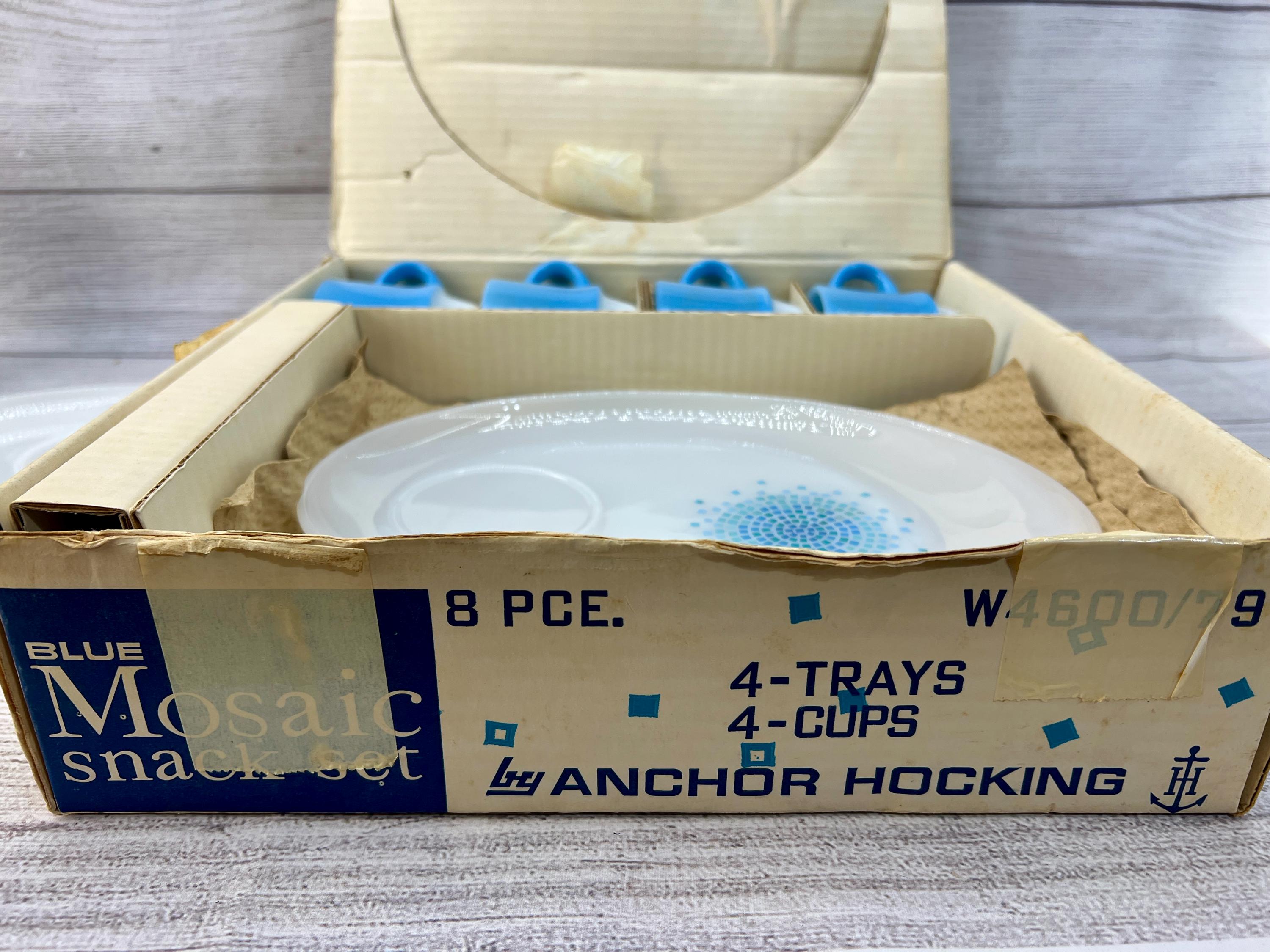 Vintage Anchor Hocking Fire King Blue Mosaic 8 Piece Snack Set
