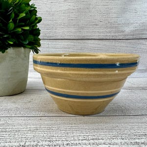 Vintage Yellowware Small Bowl with Blue Stripes