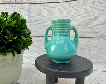 Vintage Miniature Shawnee Teal Two Handle Jug Bud Vase