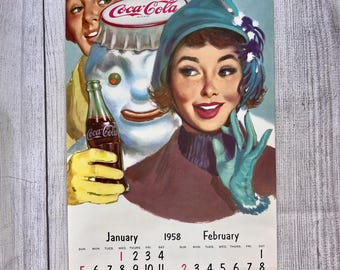 Vintage 1958 Coca-Cola January February Calendar Page