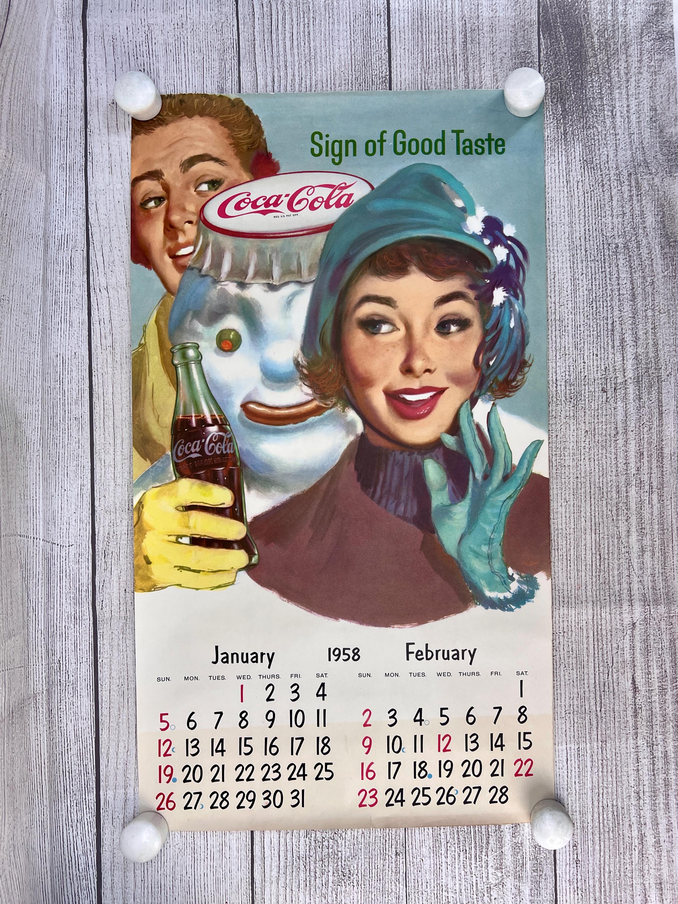 Coca-Cola 1950年 カレンダー ポスター 額装 Vintage 1958 Coca-cola January February Calendar Page - Etsy