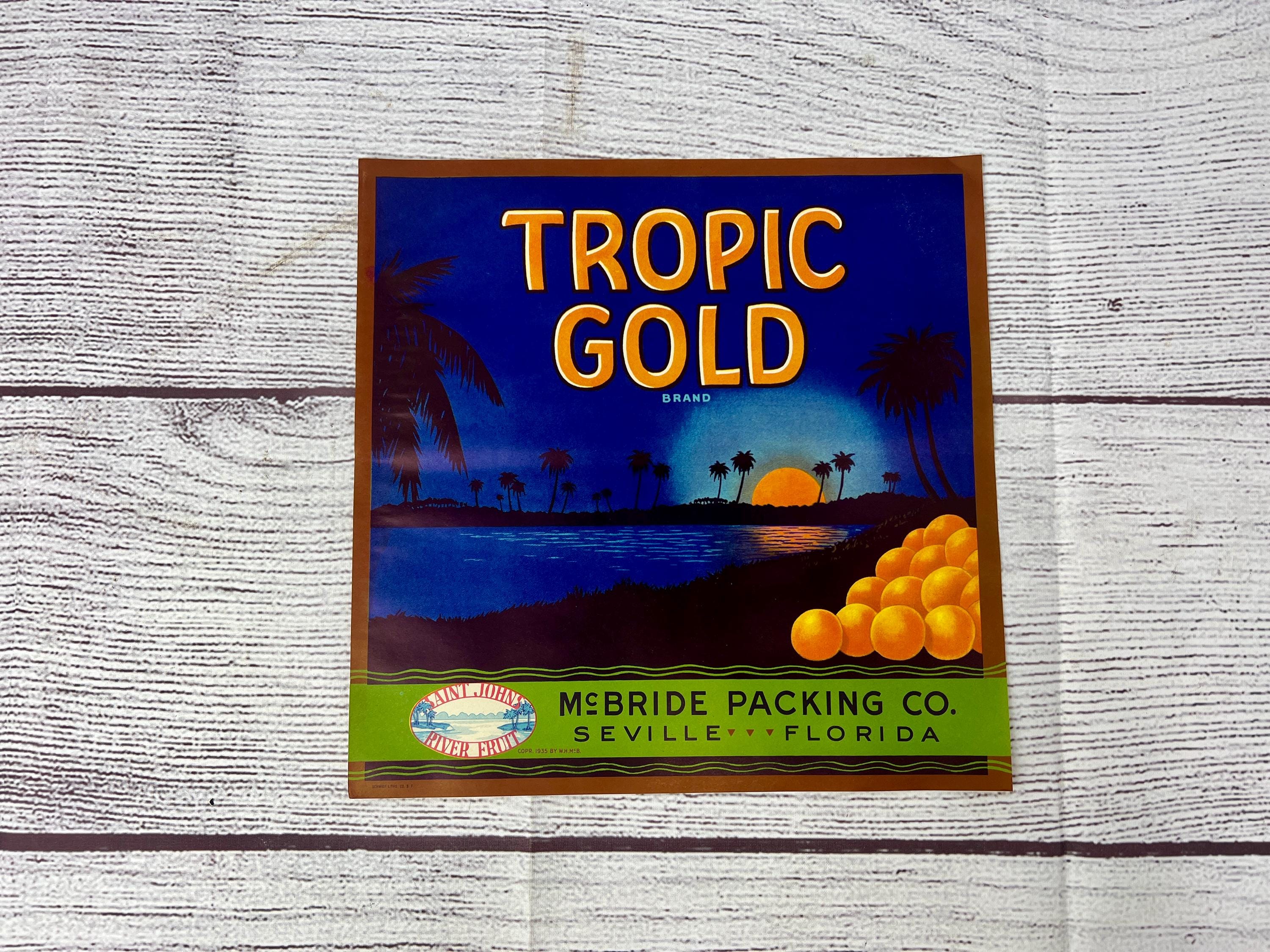 Tropic Gold Brand Citrus Fruit Crate Label Florida