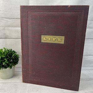 May include: A vintage burgundy-colored book with the word "LIFE" in gold lettering. The book has a textured cover and a rectangular gold frame around the title. A small green plant in a white pot is to the left of the book.