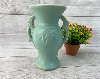アメリカ　キャニスター　mccoy マッコイ　ヴィンテージA11 Vintage Mccoy Teal Aqua Matte Glaze Two Handled Vase With Branches