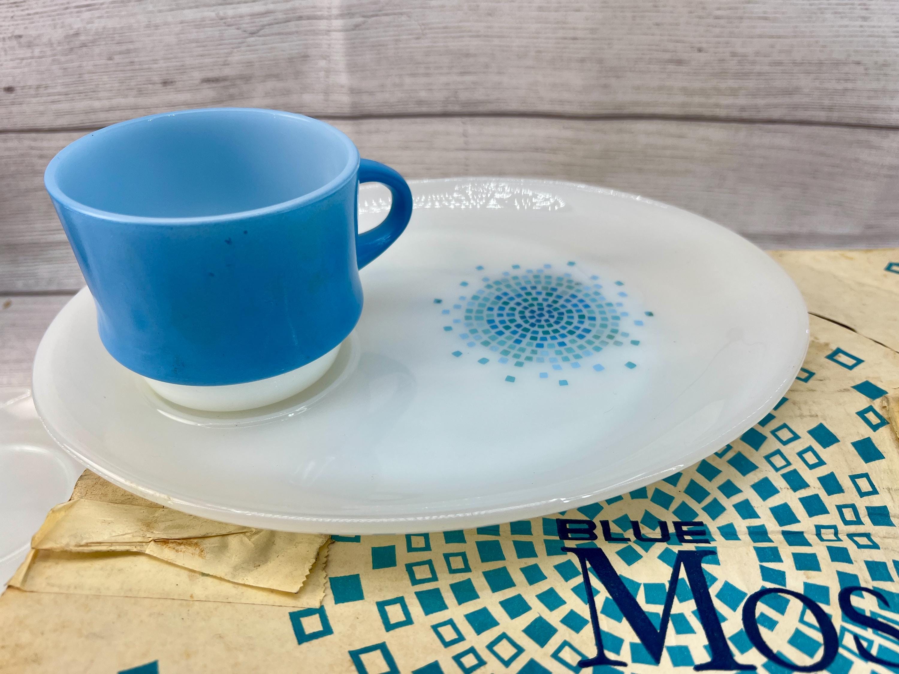 Vintage Anchor Hocking Fire King Blue Mosaic 8 Piece Snack Set