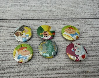 Handmade Set of 6 Alice in Wonderland Pinback Button Pins