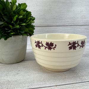 May include: Cream-colored ceramic bowl with horizontal ridges and a dark burgundy leaf pattern around the rim. A small potted green plant sits to the left of the bowl. The bowl is on a light wood surface.
