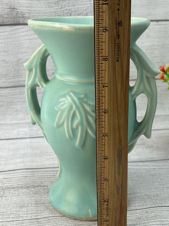 アメリカ　キャニスター　mccoy マッコイ　ヴィンテージA11 Vintage Mccoy Teal Aqua Matte Glaze Two Handled Vase With Branches