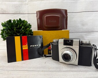 1950s Kodak Pony II 35mm Film Camera with Field Case, box and manual