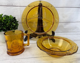Vintage Amber Tiara Glass Mother Goose Set, Divided Plate, Bowl, Mug