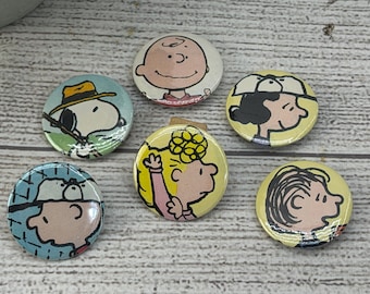 Handmade Set of 6 Peanuts Characters Pinback Buttons - Charlie Brown, Snoopy