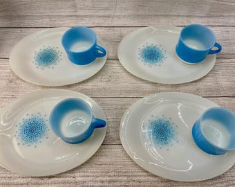 Vintage Anchor Hocking Fire King Blue Mosaic 8 Piece Snack Set