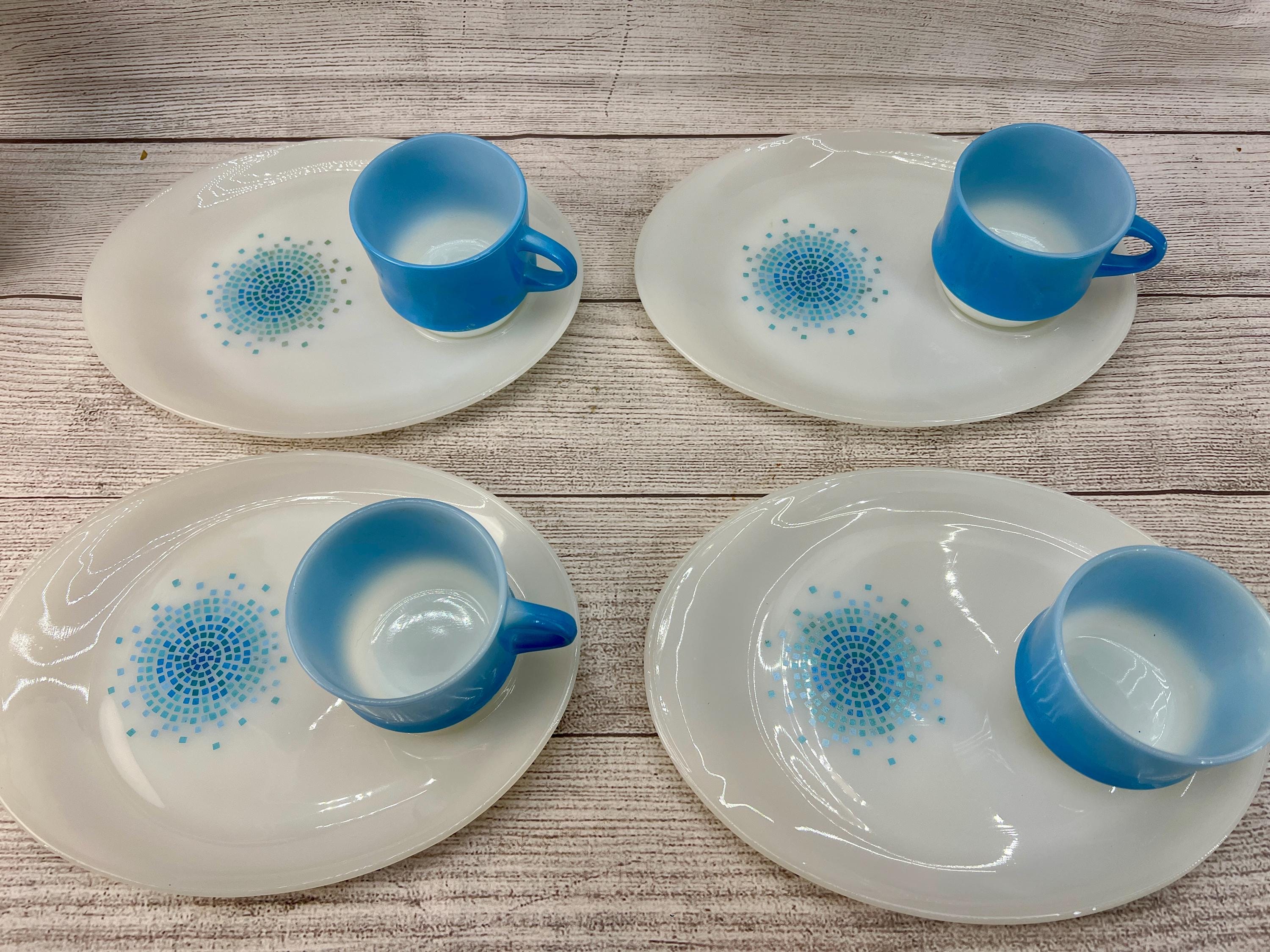Vintage Anchor Hocking Fire King Blue Mosaic 8 Piece Snack Set
