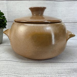 May include: A round, tan-colored ceramic cooking pot with a matching lid and two side handles. The pot features a speckled, matte finish and a smooth, rounded body shape. The lid has a central knob handle for easy removal from the main vessel.