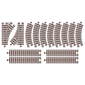 May include: A set of gray and brown plastic train track pieces. The set includes straight track pieces and curved track pieces. The track pieces are designed to connect together to create a train track layout.